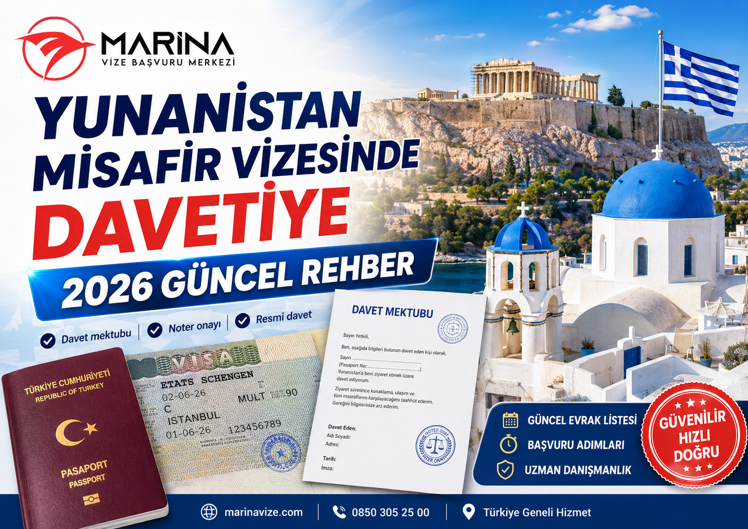 Yunanistan misafir vizesinde davetiye hazırlama sürecini anlatan, Akropolis, Santorini manzarası, Yunanistan bayrağı, pasaport, Schengen vize etiketi ve davet mektubu içeren ana sayfa görseli