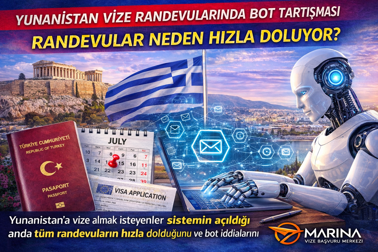 Yunanistan Schengen vize randevularının saniyeler içinde dolması ve bot kullanımı iddialarını anlatan haber görseli
